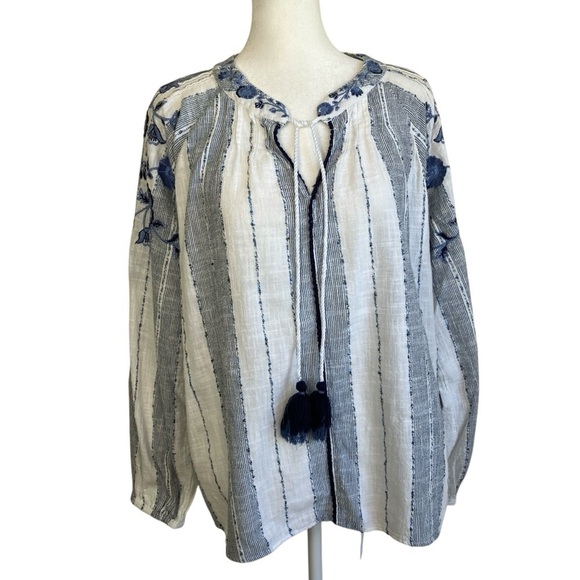 New Directions Embroidered Boho Split Neck Peasant Blouse Blue White Tassels XL - Picture 2 of 16